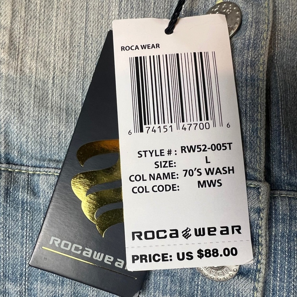 RocaWear Denim Jacket Kids Large 70s Wash Sequin Logo Cropped 3/4 Sleeve - Picture 2 of 7